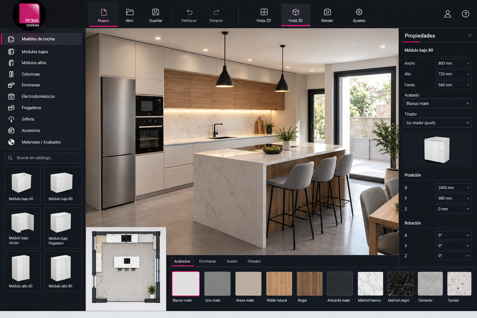 Modelado en 3D digital de cocina moderna
